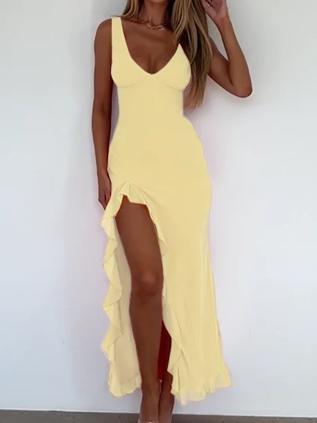 【Run Small】Women's Plain Tank Dress, Casual Sleeveless Deep V Neck Long Dress for Summer, Asymmtrical Ruffle Long Dress