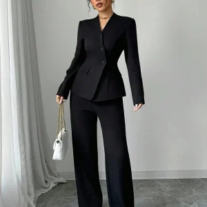 Women's Two-Piece Suit Set, Irregular Button Blazer Jacket & Long Pants, Stylish Ladies', Perfect for Office & Casual Wear