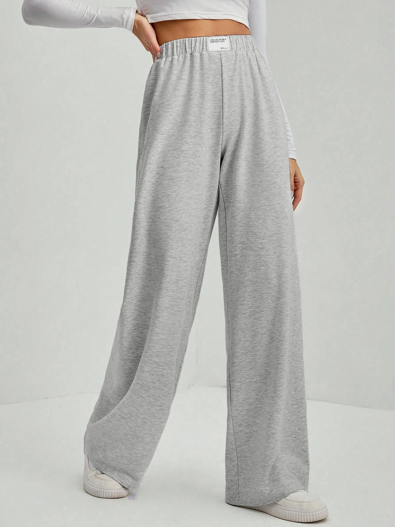 Women's Letter Patched Pocket Wide Leg Pants, Casual Comfy Elastic Waist Trousers for Fall & Winter, Women's Bottoms - Image 2