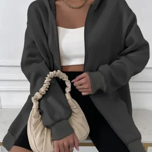 Women's Solid Pocket Full Zip Up Drop Shoulder Hoodie, Fashion Casual Long Sleeve Hooded Top For Fall and Winter Women's Clothes