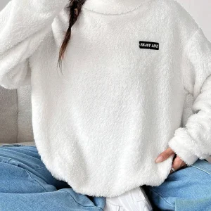 Women's Patched Drop Shoulder Plush Sweatshirt, Casual Long Sleeve Turtle Neck Pullover for Fall and Winter, Women's Clothes