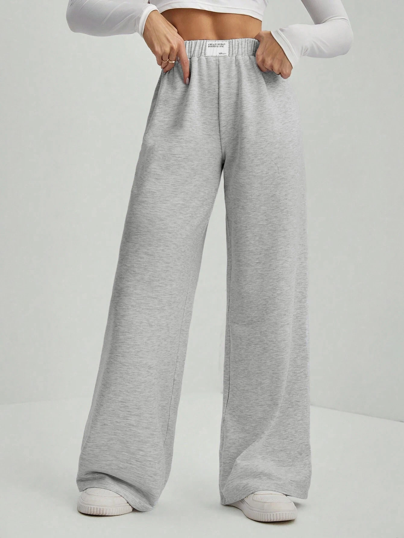 Women's Letter Patched Pocket Wide Leg Pants, Casual Comfy Elastic Waist Trousers for Fall & Winter, Women's Bottoms