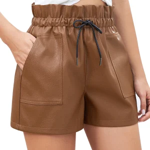Women's Plain Pocket Paper Bag Waist PU Leather Shorts, Casual Street Drawstring Waist Straight Leg Shorts For Daily Wear