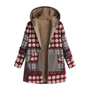 Women's Ethnic Pattern Hooded Jacket Zip-Up Front Casual Long Sleeve Coat with Pockets for Fall And Winter Outerwear
