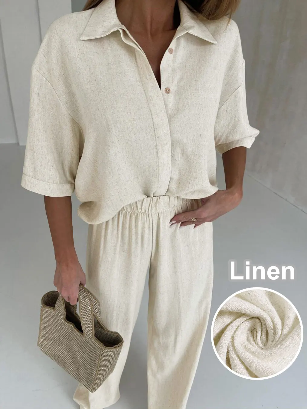 Women's Linen Half Sleeve Shirt and Long Pants Set, Relaxed Fit and Casual Style for Everyday Comfort