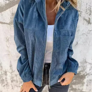 Women's Autumn Winter Corduroy Jacket, Loose-Fit Zip-Up Hooded Coat, Casual Fashion Outerwear for Ladies, Comfortable Daily Wear
