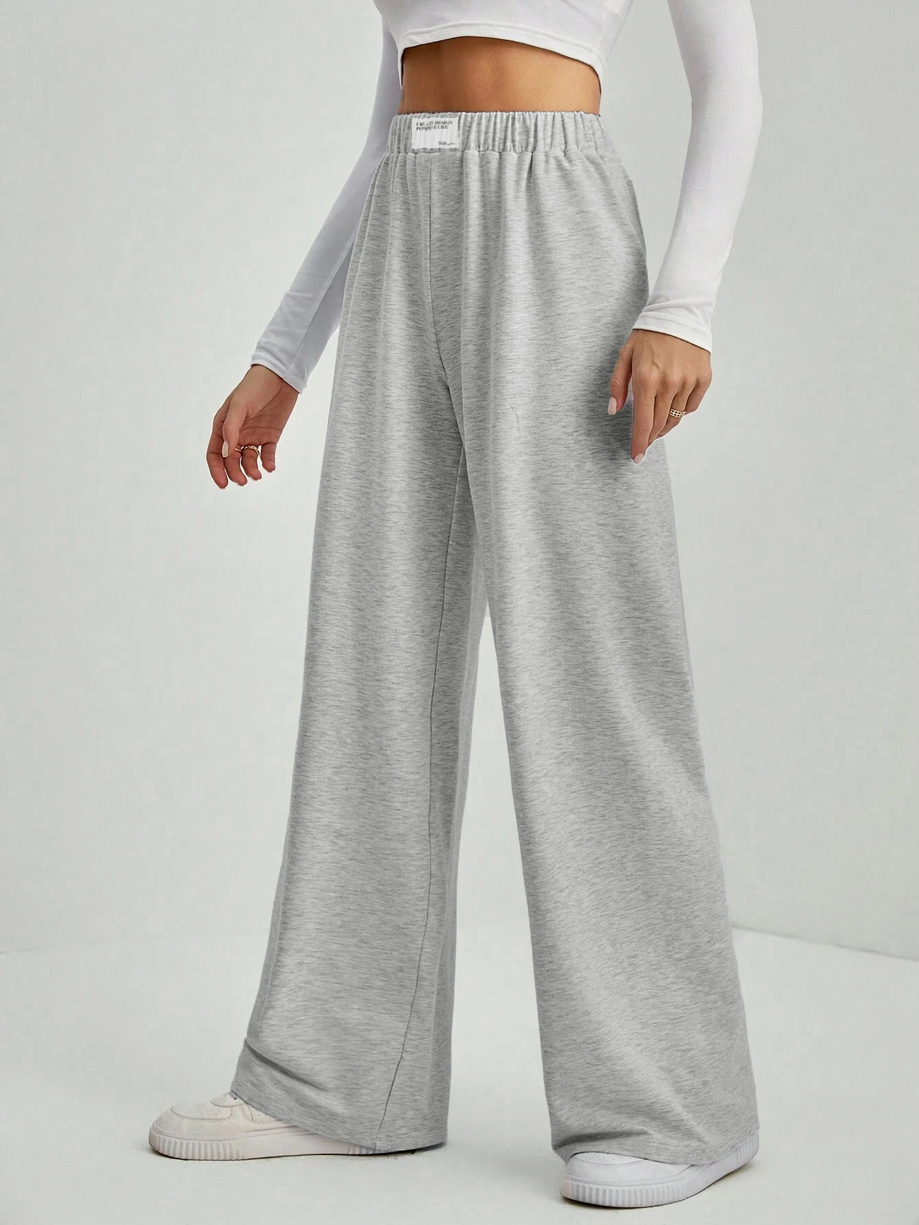 Women's Letter Patched Pocket Wide Leg Pants, Casual Comfy Elastic Waist Trousers for Fall & Winter, Women's Bottoms - Image 3