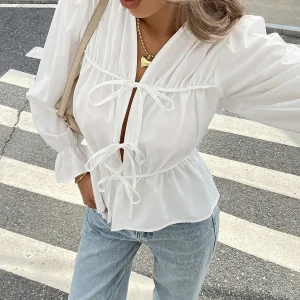 Women's Elegant Pure Color Spring Autumn Translucent Belted Sleeve Gored Long Sleeve Open Cardigan Top T-shirt