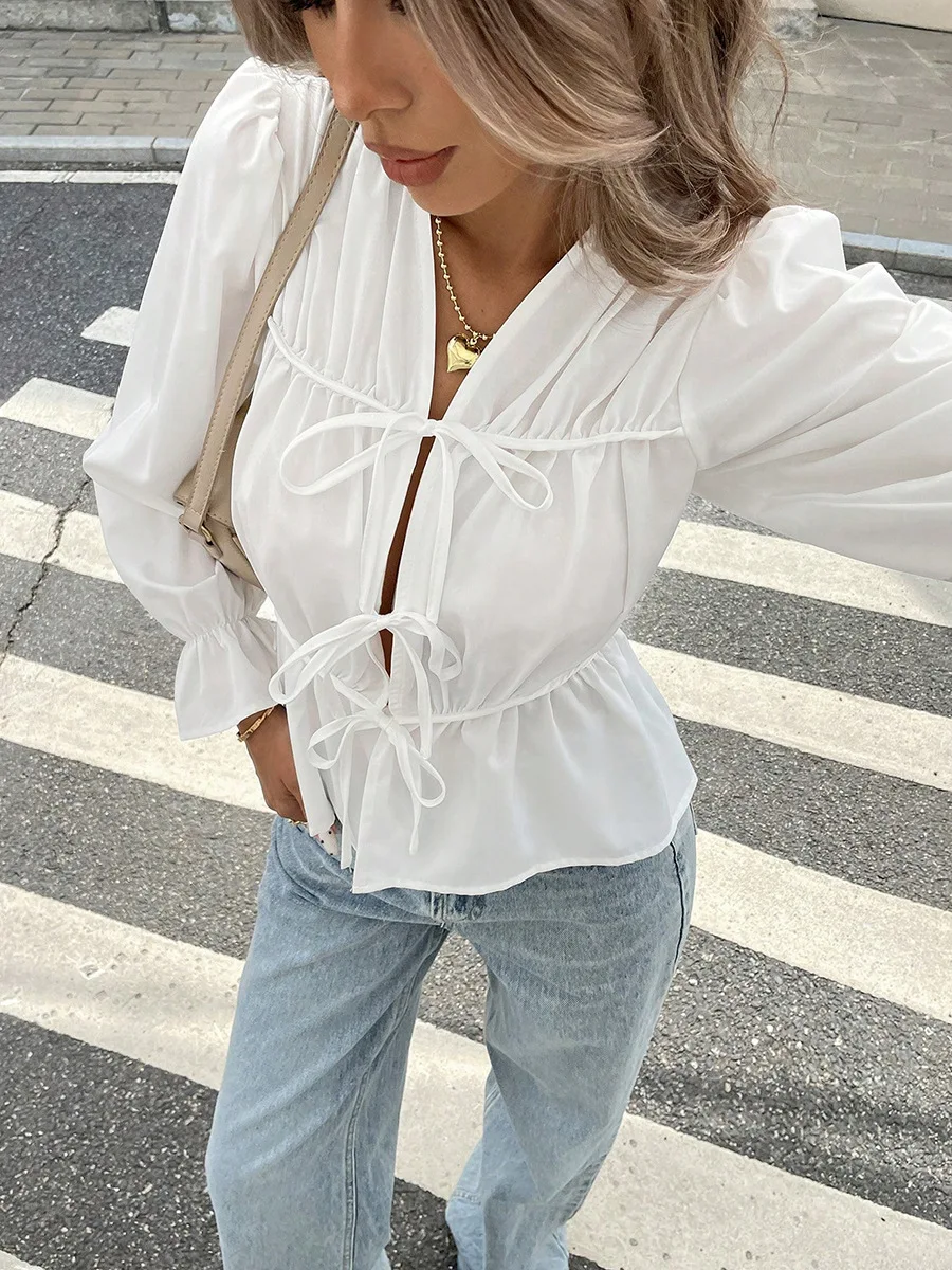 Women's Elegant Pure Color Spring Autumn Translucent Belted Sleeve Gored Long Sleeve Open Cardigan Top T-shirt