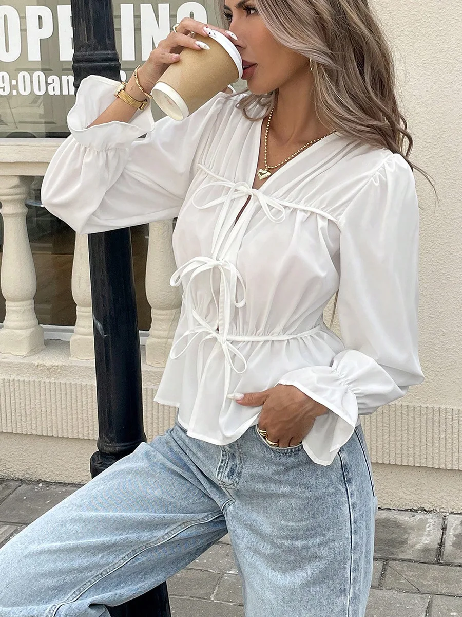 Women's Elegant Pure Color Spring Autumn Translucent Belted Sleeve Gored Long Sleeve Open Cardigan Top T-shirt - Image 3