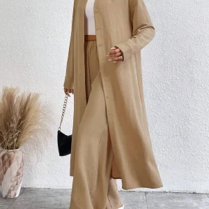 Women's Solid Button Front Shirt & Wide Leg Pants Two-piece Set, Casual Drop Shoulder Long Sleeve Top and Trousers Set
