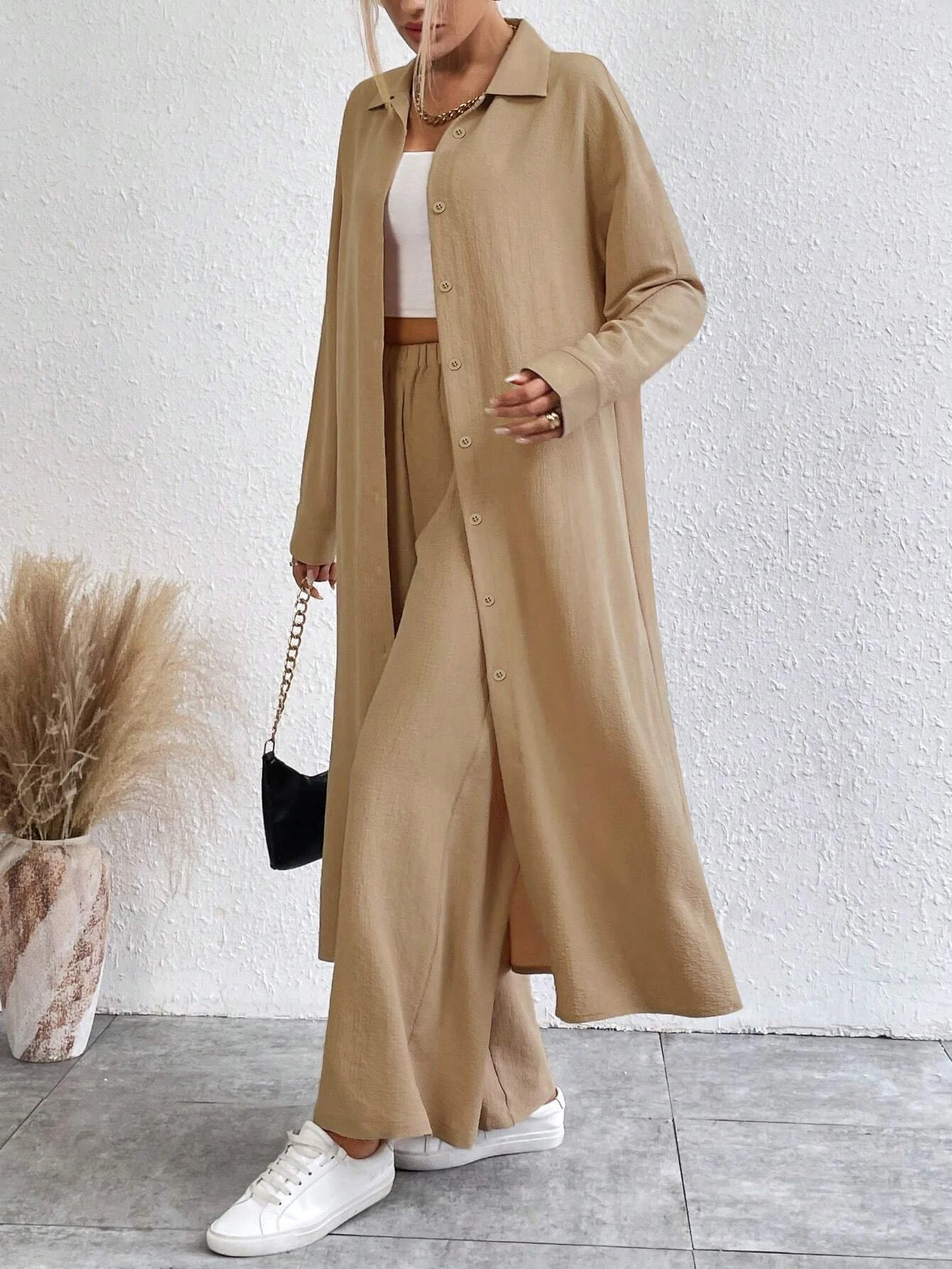 Women's Solid Button Front Shirt & Wide Leg Pants Two-piece Set, Casual Drop Shoulder Long Sleeve Top and Trousers Set