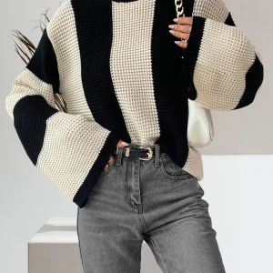 Women's Colorblock Drop Shoulder Knit Top, Casual Long Sleeve Round Neck Knitwear for Spring and Fall, Women's Knit Clothing